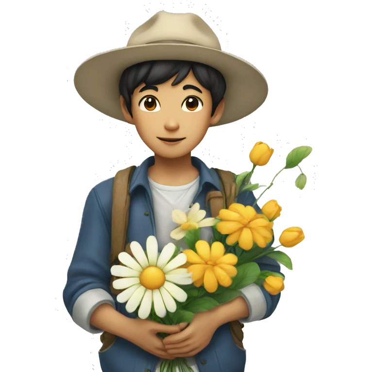 artful dodger white asian boy holds various flowers emoji
