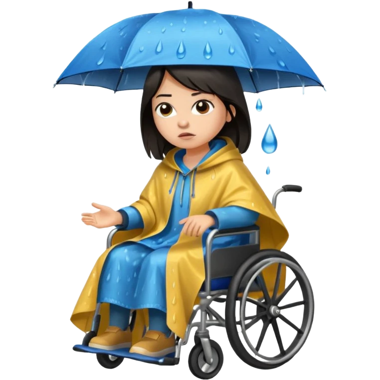 Girl with dark hair  in a wheelchair with rain poncho mad with raining  emoji