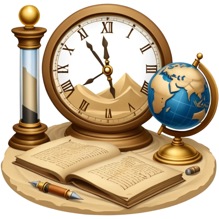 An icon featuring ancient scrolls, a quill pen, and large, old-fashioned sand clocks, symbolizing the study of history. The design includes a globe and a timeline with significant historical events, set against ruins to evoke past civilizations. Transparent background highlights the passage of time. emoji