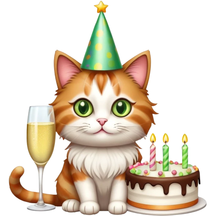 tricolor fluffy cat with big green eyes celebrating her birthday with a cake and champagne emoji