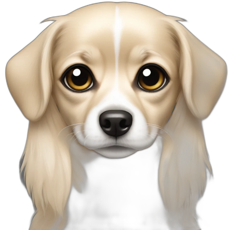 Dog staring at camera long hairedchihuahua white with black patch’s around eyes and black ears emoji
