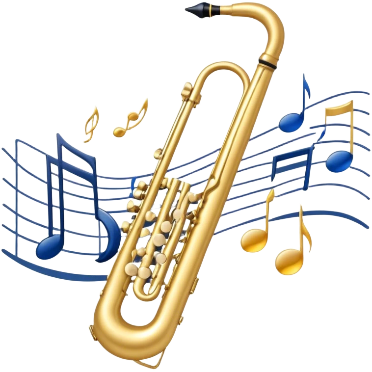 Create an elegant and artistic emoji that represents music arrangement and orchestration. The design should feature a conductor's baton, musical scores, and various orchestral instruments (drums, violin, trumpet, electric guitar, synthesizer). Incorporate flowing lines to represent harmony and orchestral balance, along with a subtle representation of sheet music. Use rich, classical colors like gold, silver, or deep blue, and create an atmosphere of sophistication and precision. The background should be transparent. emoji