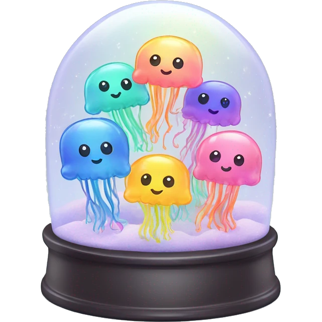 Kawaii rainbow pastel family of jellyfish  in neon snow globe  emoji