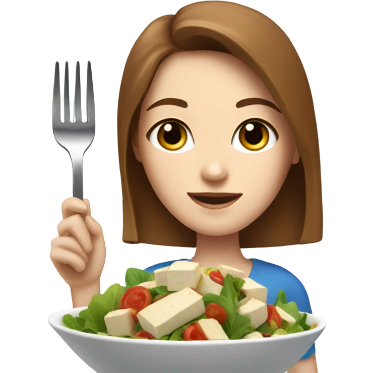 White girl Brown hair blue eyes freackles eating Tofu salad with fork emoji