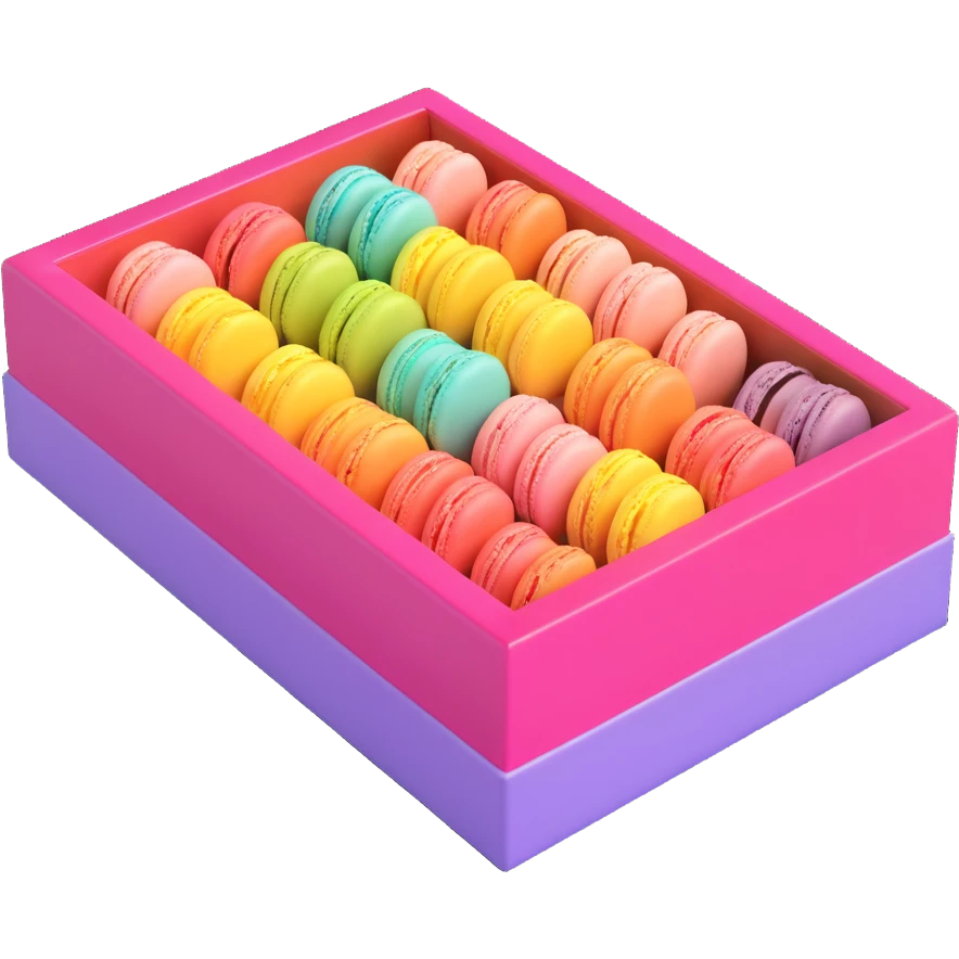 a box of colorful macarons in a decorative box, iOS 3D emoji style, soft lighting, realistic textures, vibrant pastel colors, high gloss, modern and clean look emoji