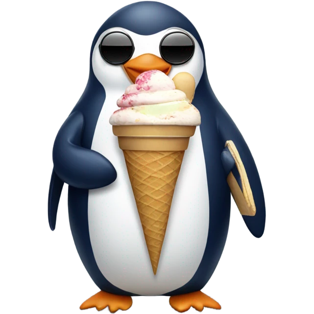 penguin wearing a navy sweater, black jeans, holding an ice cream with sunglasses in its head  emoji