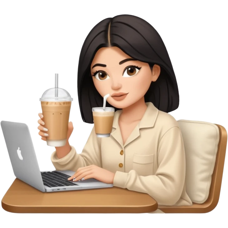Kylie Jenner sitting learning on macbook in her luxury summer home, she wears a beige Skims pajama and she's drinking 1 tasty iced latte emoji