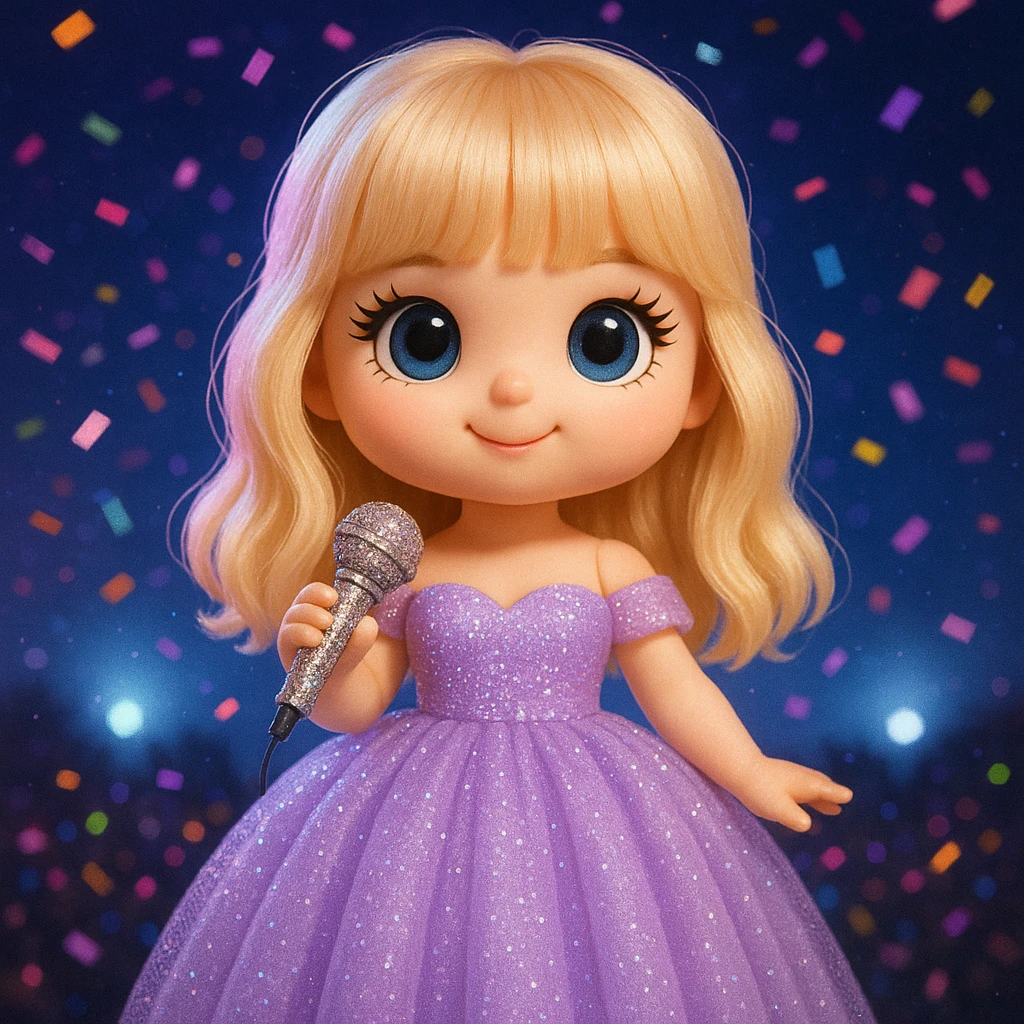 Pretty and girly Blonde pop star with bangs wearing a sparkly tulle light purple ballgown, holding a bedazzled microphone, reimagined as a cute doll, with a nighttime concert backdrop with colorful confetti emoji
