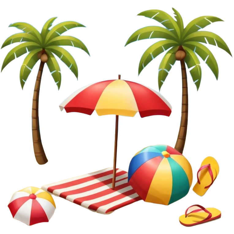 Icon for Beach Tourism: a sun umbrella, beach ball, flip-flops, and a beach towel on the sand, with the ocean and palm trees in the background. The icon should represent relaxation and fun at the beach. Transparent background. emoji