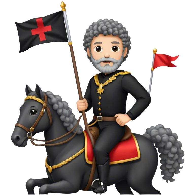 A man with curly hair and a gray beard, wearing black clothes, riding a horse, holding a flag. emoji