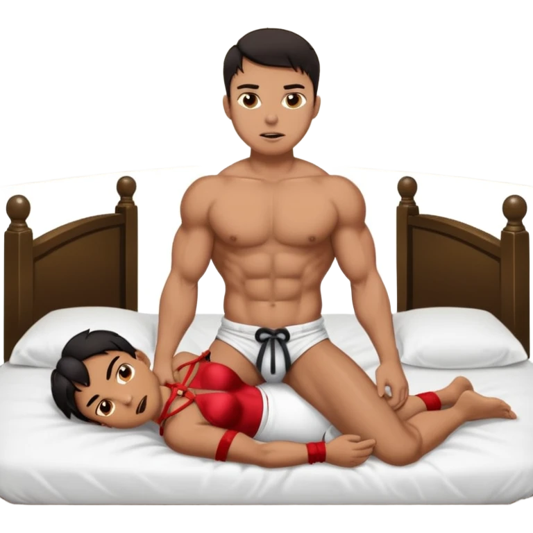 Male submissive in a gag and chastity with a Hispanic femdom while tied down to a bed. emoji