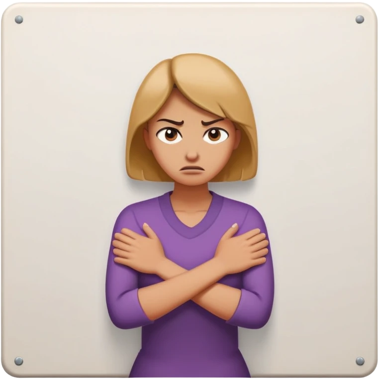 woman with avoidant attachment style with angry expression, arms firmly crossed creating barrier, body turned slightly away showing emotional distance, dismissive cold eyes, small wall or barrier symbol nearby emoji