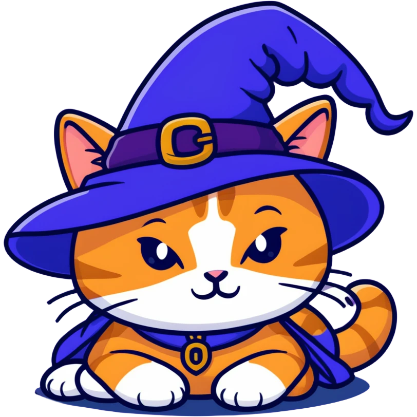 full body ginger tabby cat flopped over on her side wearing an indigo witch hat emoji