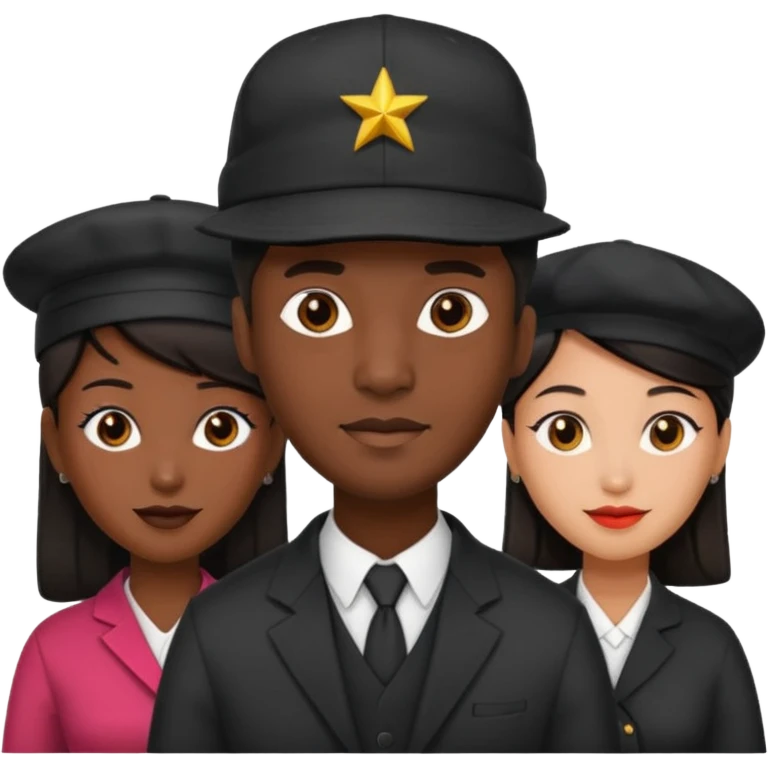 Black man with fitted hat on  with two women one black one Chinese  emoji