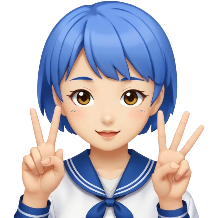 Energetic anime girl with short blue hair wearing Japanese sailor style school uniform, winking and making peace sign, kawaii style emoji