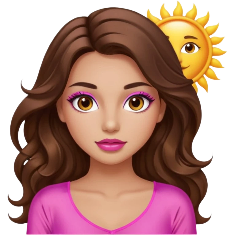 girl with long wavy brown hair, brown eyes, long lashes makeup, sexy pink lips, light to medium complexion, wearing a pink sexy silk top, with the sun icon  emoji