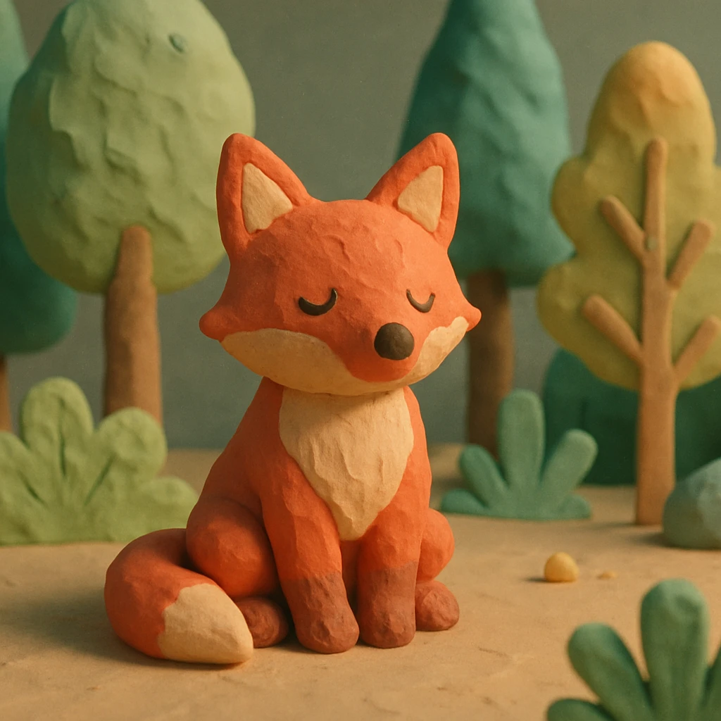 fox sitting in a forest, pastel colors, visible fingerprints, playful and textured, claymation style emoji