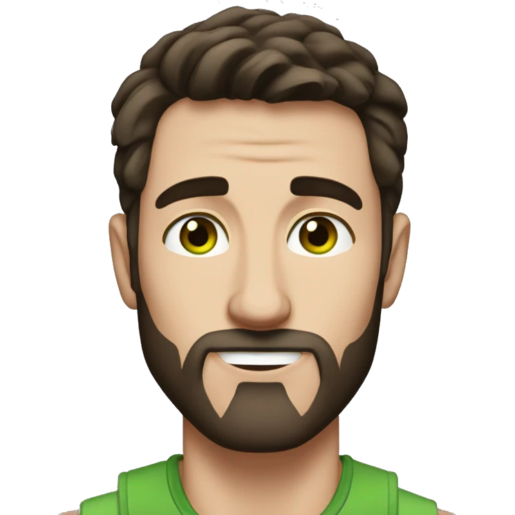 man, short dark brown hair, short beard, VERY LONG AND POINTY nose, white, green eyes, muscular, freckles emoji
