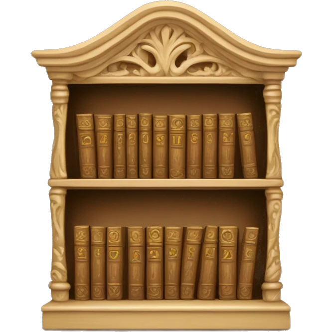 A small wooden bookshelf with an ornate carved design, filled with neatly stacked books in beige and gold accents emoji