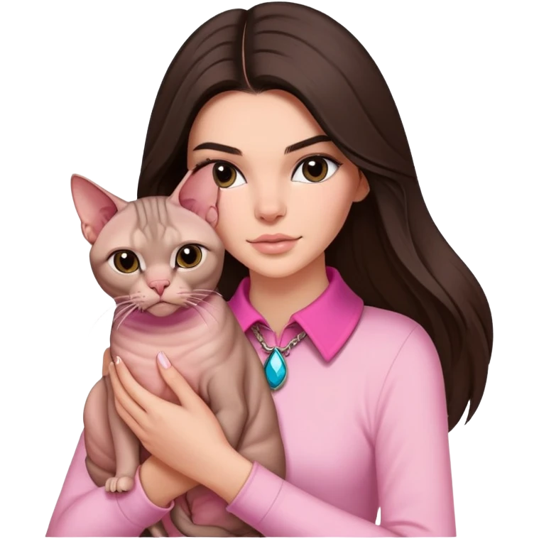 brunette Kendall Jenner with long hair holding on the hands Sphynx wear on pink collar emoji