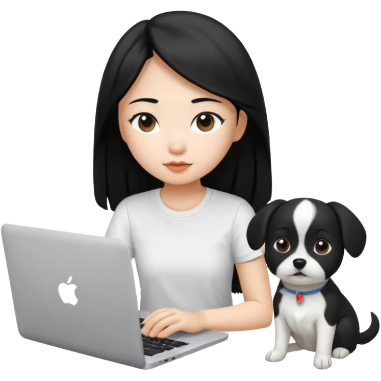 Asian girl with long black hair , wearing a white t-shirt, working on an Apple laptop, next to her is a small black and white dog emoji
