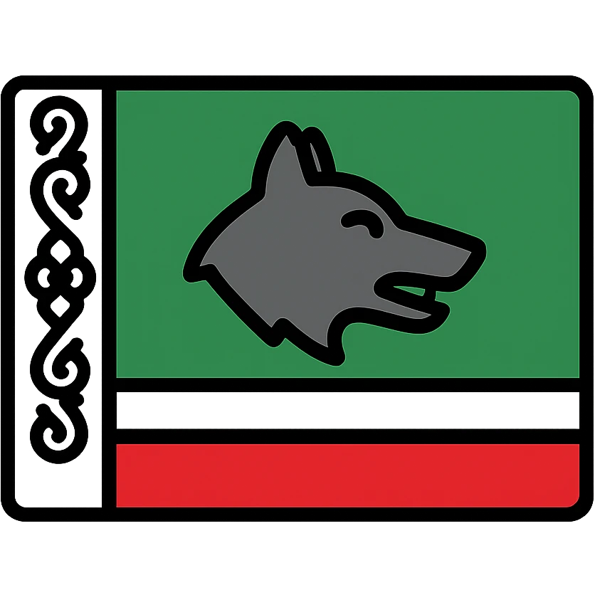 Chechen flag with green background, white and red stripes at the bottom, white patterned stripe on the left, modern icon style, wolf emblem emoji