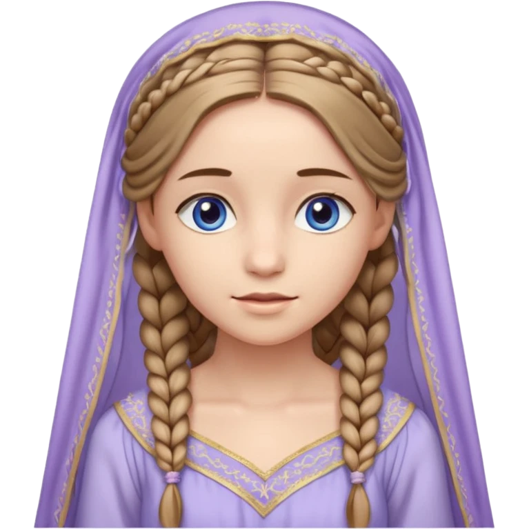 Joven de unos 20 años, de aspecto dulce y elegante.
Piel clara, ojos (pueden ser azules o verdes)
Rubio o castaño claro, largo, con trenzas o velo.
Vestido largo de tonos suaves (blanco, azul o lavanda), con bordados dorados; un manto o toca fina cubriendo la cabeza. se vea todo el cuerpo emoji