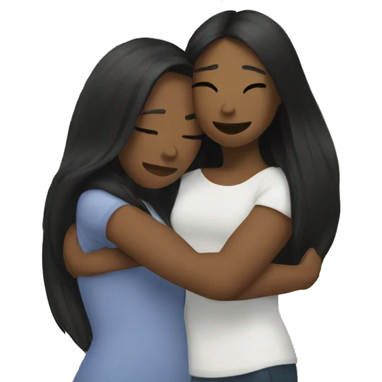 Lesbian with long black hair and white skin hugging her girlfriend from behind emoji
