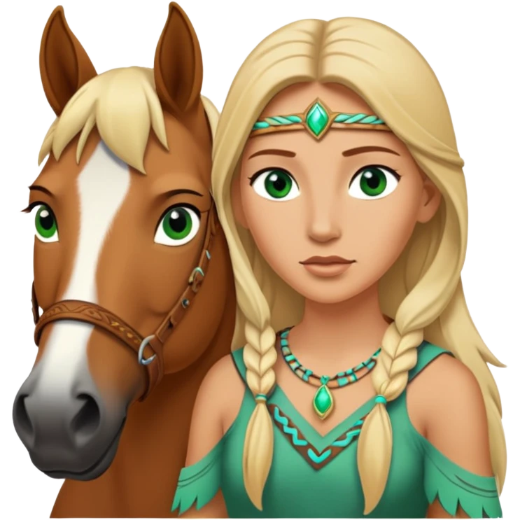 Pocahontas with green eyes, blond hair and horse emoji