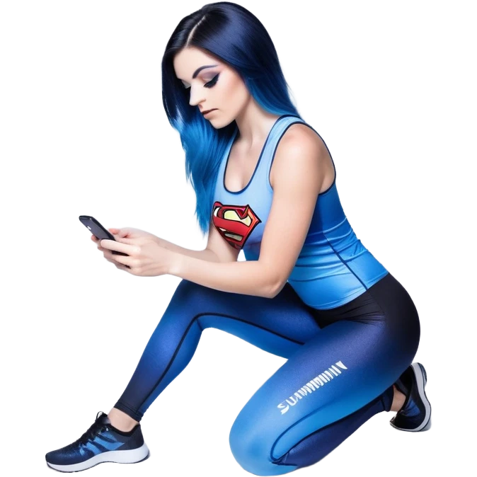 big tears-looking up-exting on phone-very very very large upper body-sexy face-bending forward at waist-very long very straight dark blue to light blue ombre hair-and-blue eyes-thick black eyeliner-thick long eyelashes-iridescent blue lowcut tanktop with black leggings with glitter superman logo emoji
