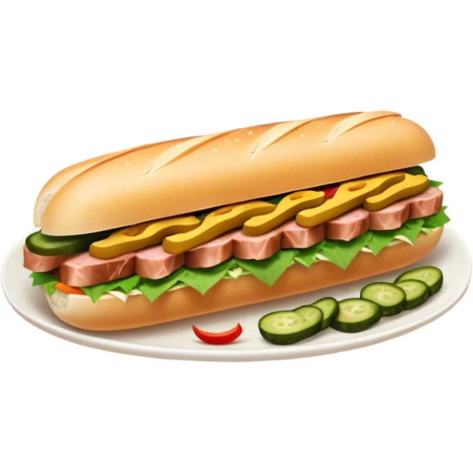 Cinematic Realistic B√°nh m√¨ Sandwich Dish Emoji, showcasing a crusty baguette filled with savory meats, pickles, and fresh herbs rendered with dynamic detail and appetizing lighting. emoji