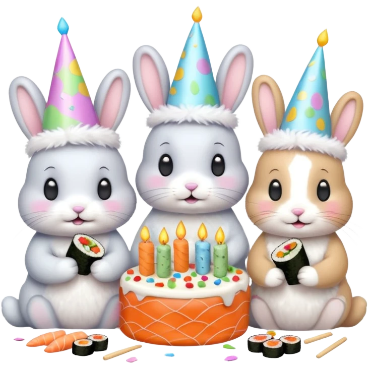 four bunnies together eating sushi at a birthday party, pastel colors, cute, confetti, birthday cake emoji