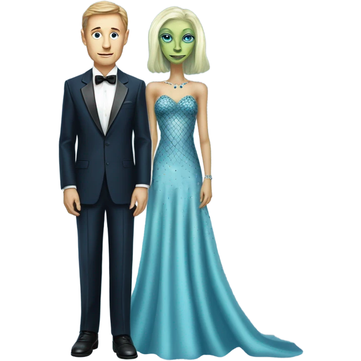 reptilian alien woman, in long slim pastel blue formal party satin dress with gradient shiny sparkling navy blue diamonds embroidered , and caucasian man in black dress emoji