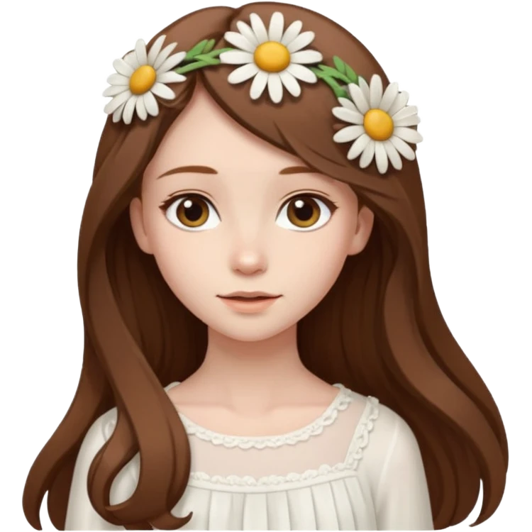Girl with long brown hair, pale skin, daisy hairclips, long sleeved white flowy dress emoji