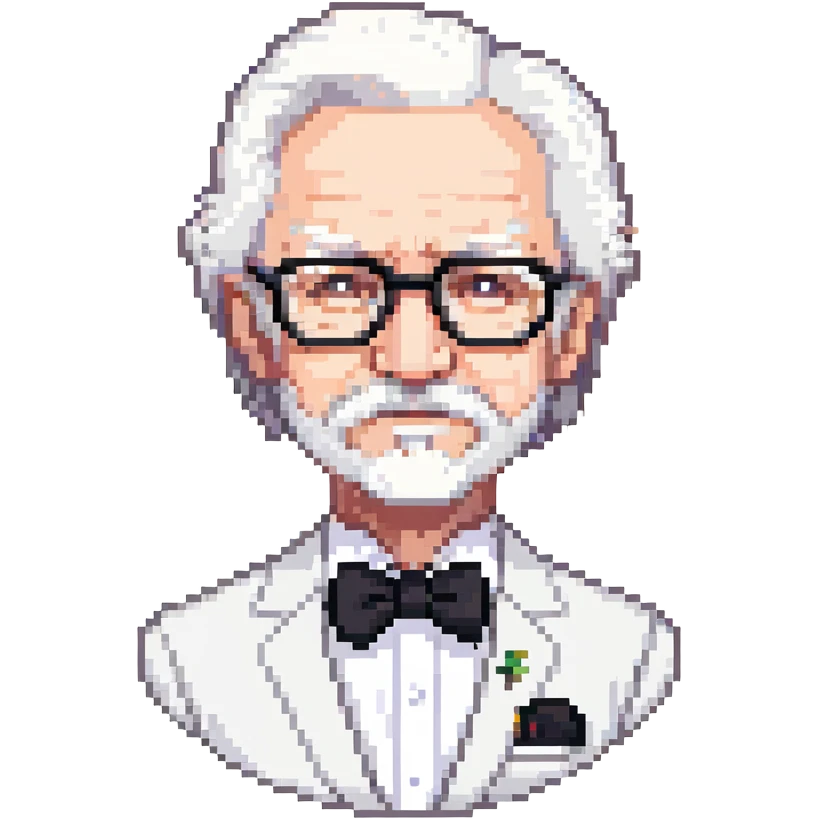 Colonel Sanders KFC, old man with white hair, white goatee, black bow tie, white suit, glasses emoji