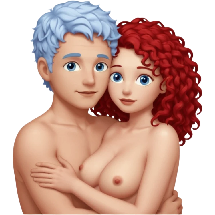 Homme nu cheveux blanc courts, yeux bleu barbe naissante + femme nu gros seins rousse cheveux longs bouclés yeux bleu faisant l'amour emoji