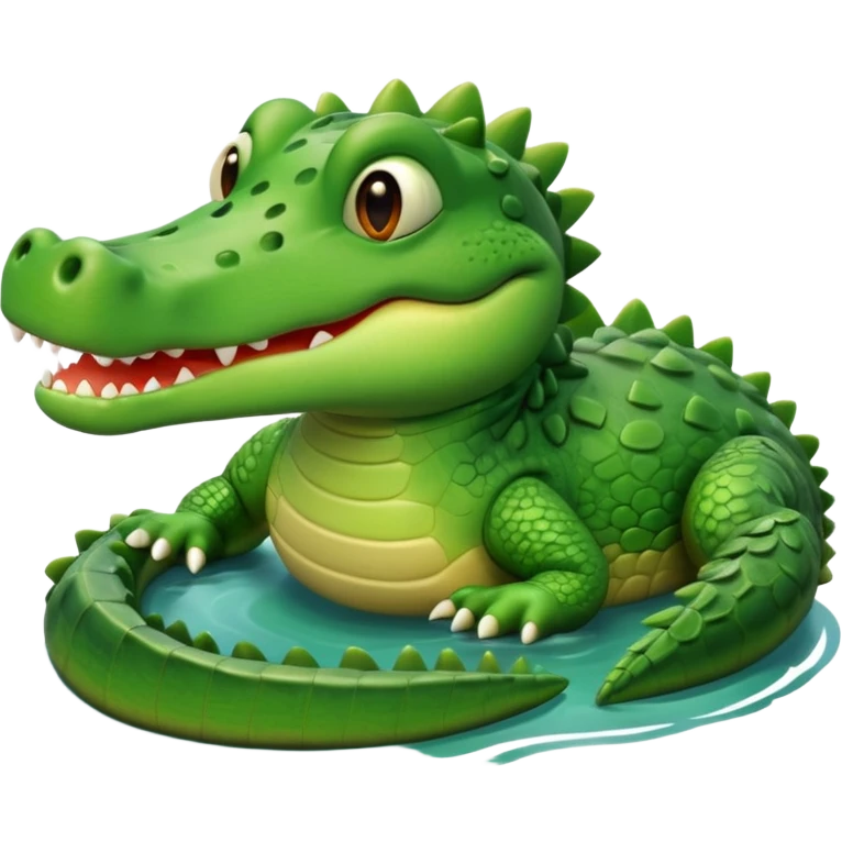 A cute 3D cartoon crocodile resting on a riverbank, part of its body in the water. Smooth rounded design, bright colors, soft lighting, friendly expression, Memoji-style realism. emoji