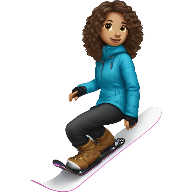 Girl long curly brown hair white skin and black mini pincher on snowboard emoji