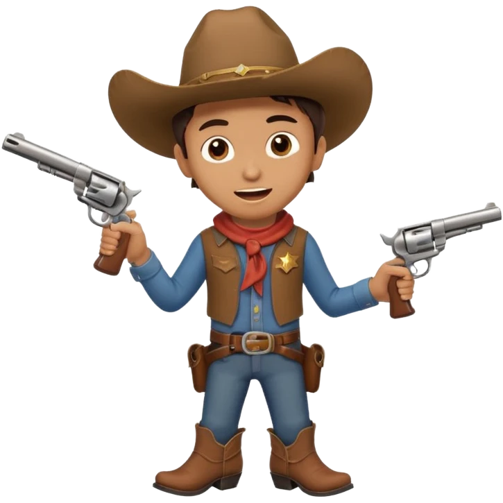 A young cowboy with oversized boots, excited expression, and a tiny toy revolver.
 emoji