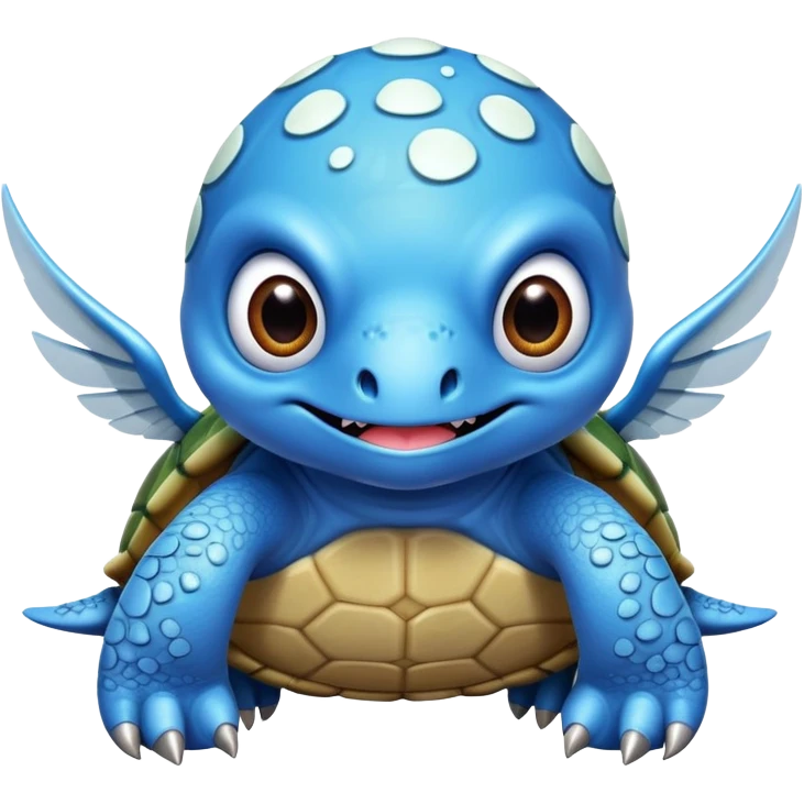 A blue creature with fangs, alien googly eyes, claws, wings, with white dots, and a turtle shell. it looks strong.  emoji