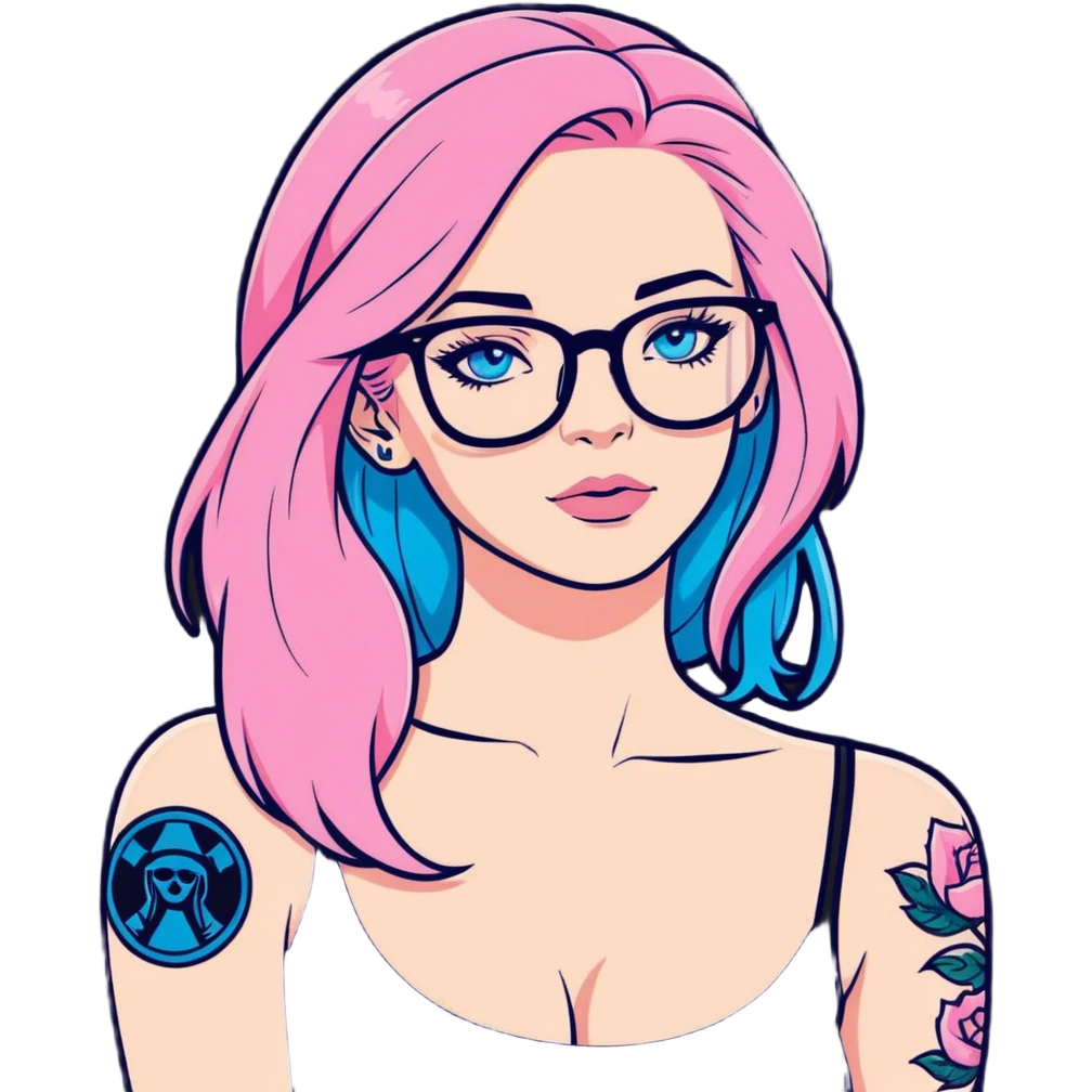 Photo Realistic beautiful woman model, blue eyes and glasses, pink long hair, shoulder tattoo  emoji