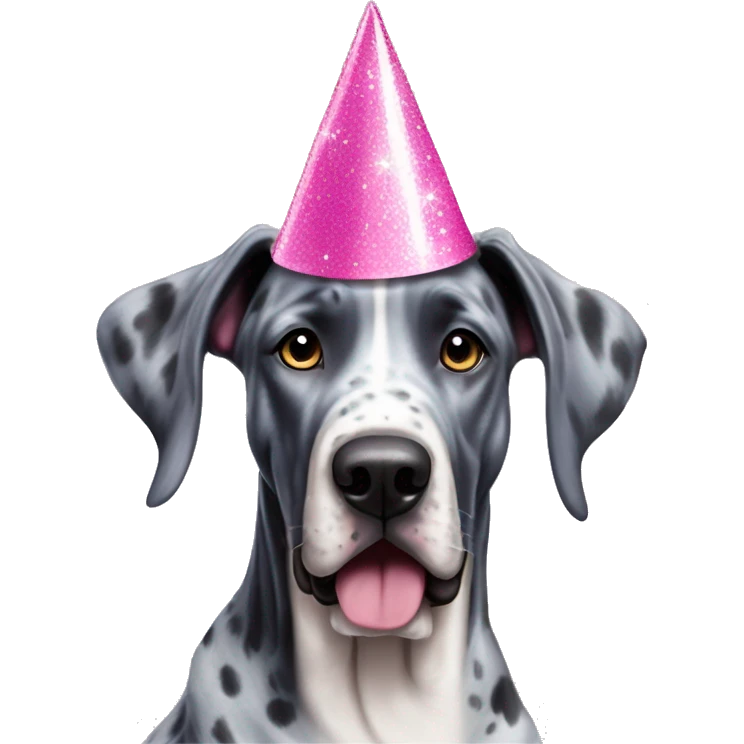 Blue Merle Great Dane wearing pink party hat with sparkles emoji