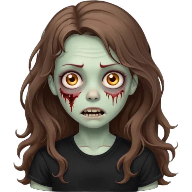 crie um emoji de uma garota zoombie cabelo castanho e longo , assustadora e fofa com cabelo ondulado 2b e camiseta básica preta emoji