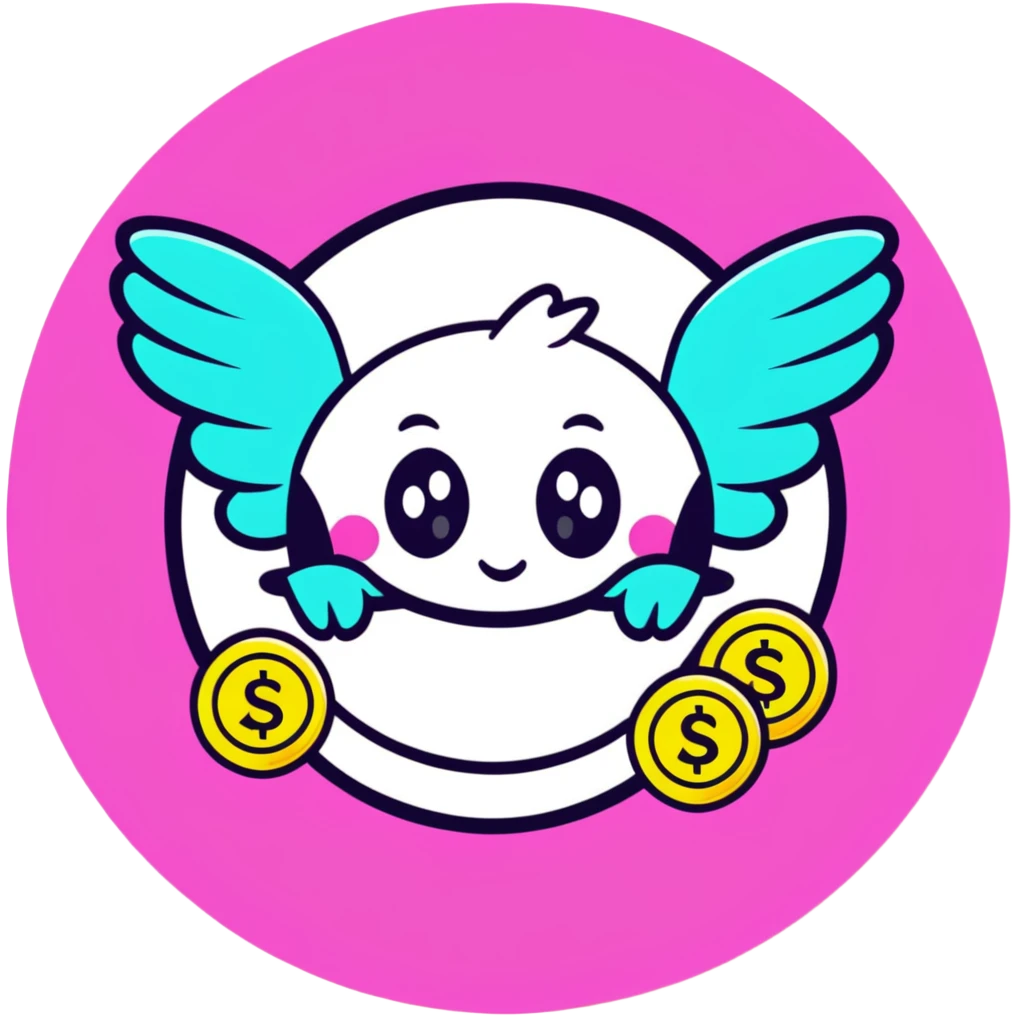 Minimalist sticker with white 'tt' letters on a black circle with cyan, magenta, and yellow dots below, money with wings emoji with street style influence emoji