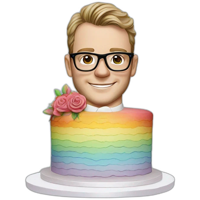 Jonathan Toews wearing glasses as a triple decker rainbow wedding cake with pastel roses emoji