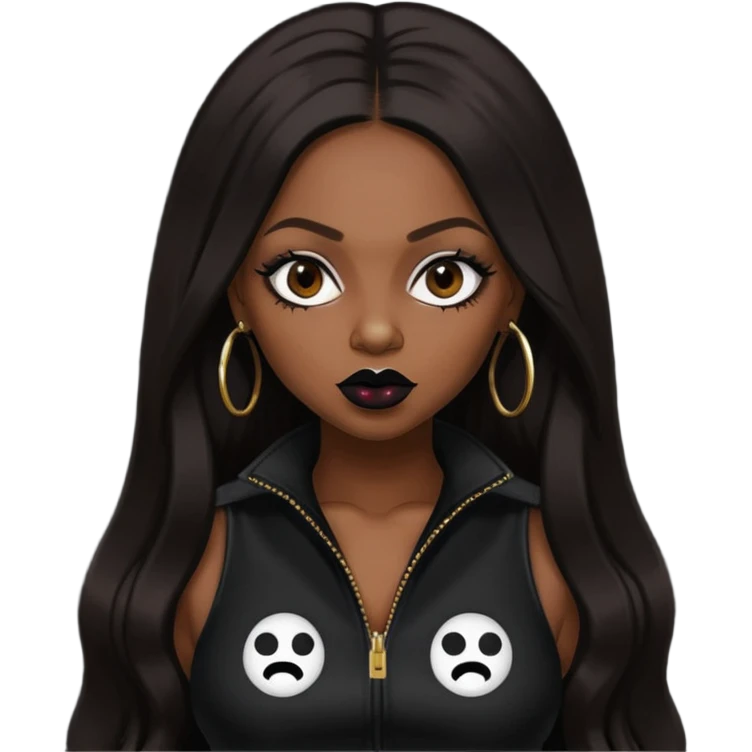 Foxy Brown, Rapper with dark brown long hair, black lip, black outfit emoji