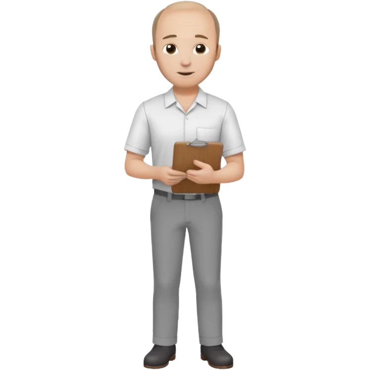 man mid 30's shirt and trousers balding hairline standing holding a clipboard emoji