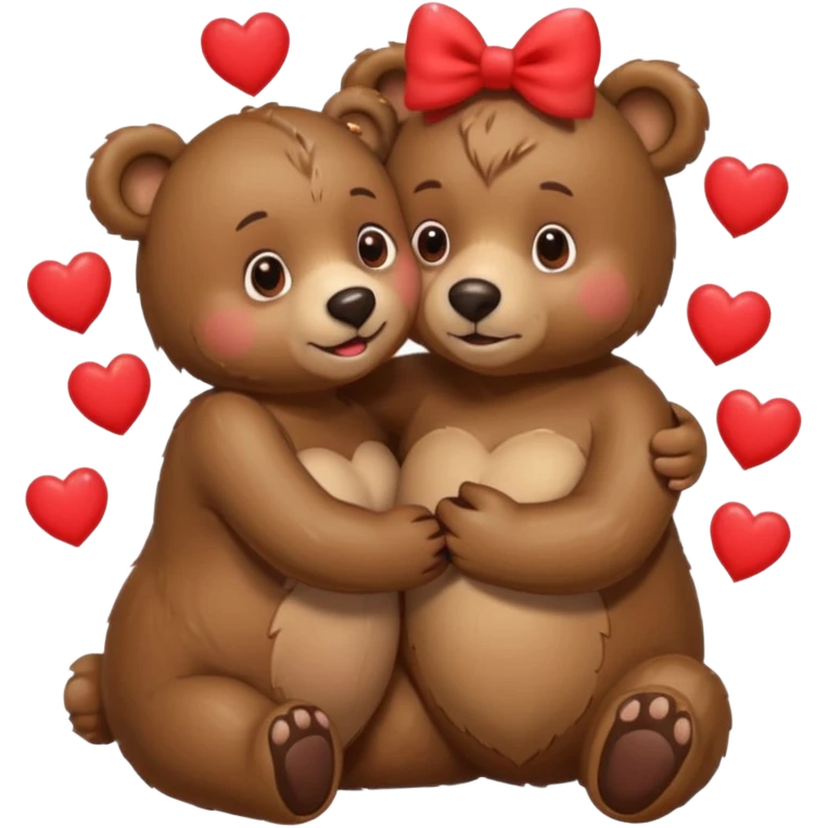 female bear with bow on her head and male bear hugging, couple, surrounded by hearts, playful and loving, cute emoji