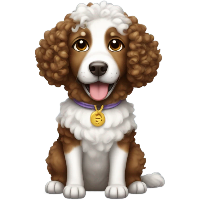 Brown and white curly haired dog with a costume emoji