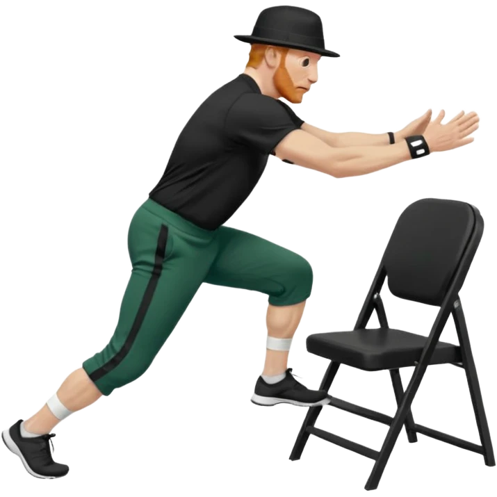 גבר זקן ג'ינג'י מלא כובע שחור הפוך חולמה שחורה ומכנסיים ירוקות ארוכות מבצע תרגיל לאנג' בתמיכת כיסא מהצד שתי רגליים על הרצפה מח^זיק כיסא בידו  תמיכה קלה ידו על משענת הכיסא emoji